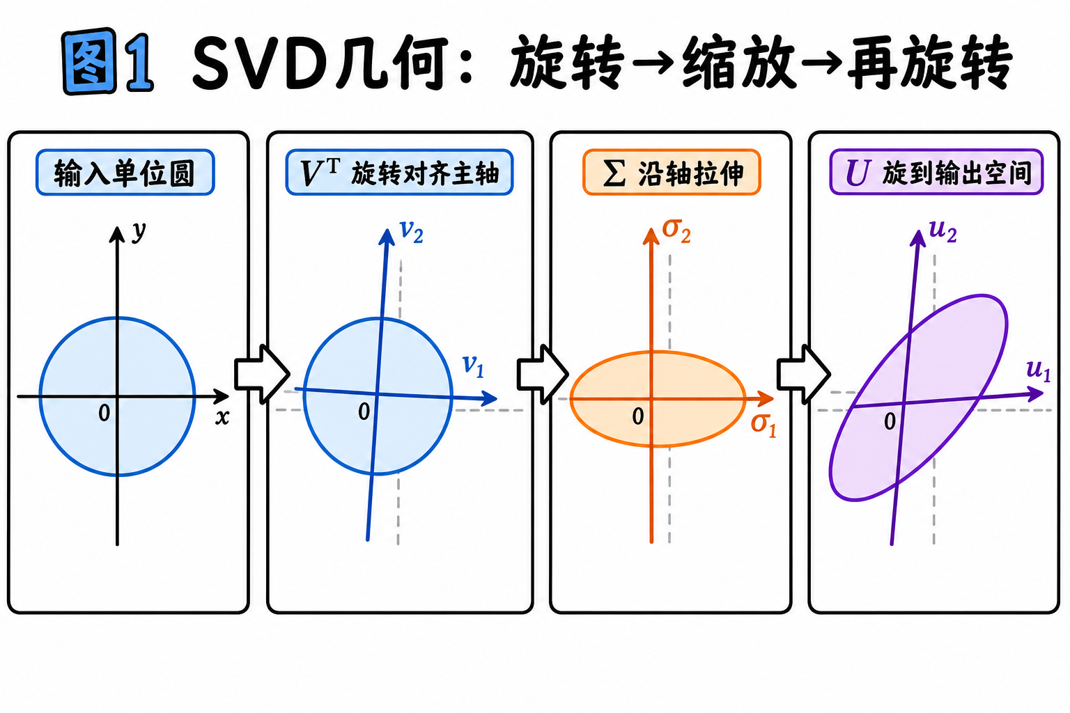 图 1 SVD 几何:旋转→缩放→再旋转