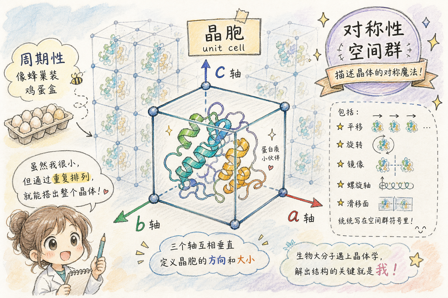 晶胞边长、夹角与对称／空间群的直觉（科普手绘漫画风，非官方原图）