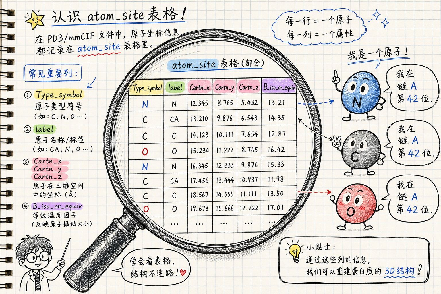 atom_site 循环表：一行一个原子（科普手绘漫画风，非官方原图）