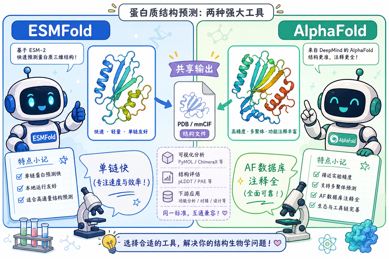 ESMFold 与 AlphaFold 输出对照直觉（科研动漫风示意图，非官方原图）