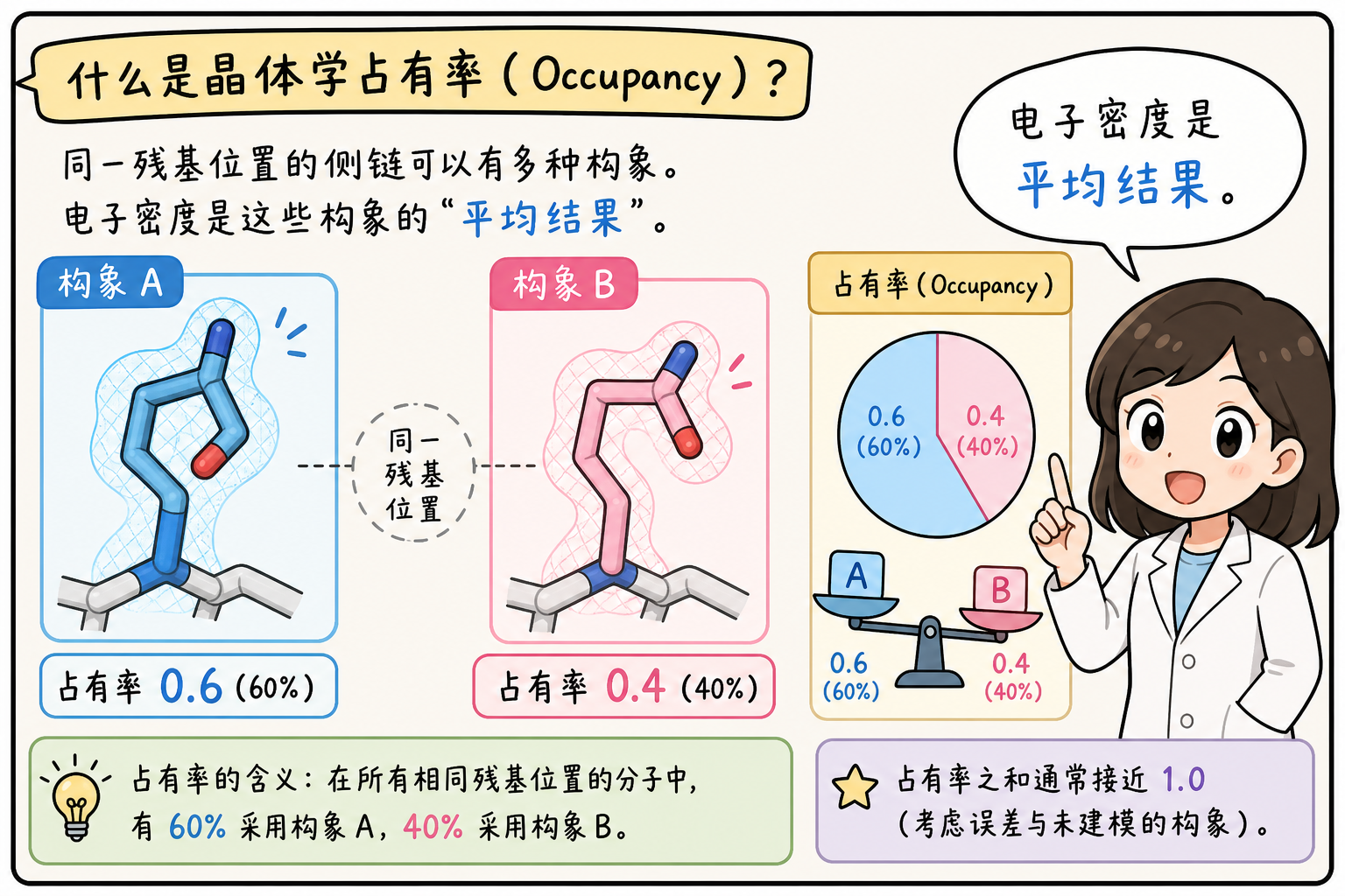 占有率：多套互斥构象与「平均密度」直觉（科研动漫风示意图，非官方原图）