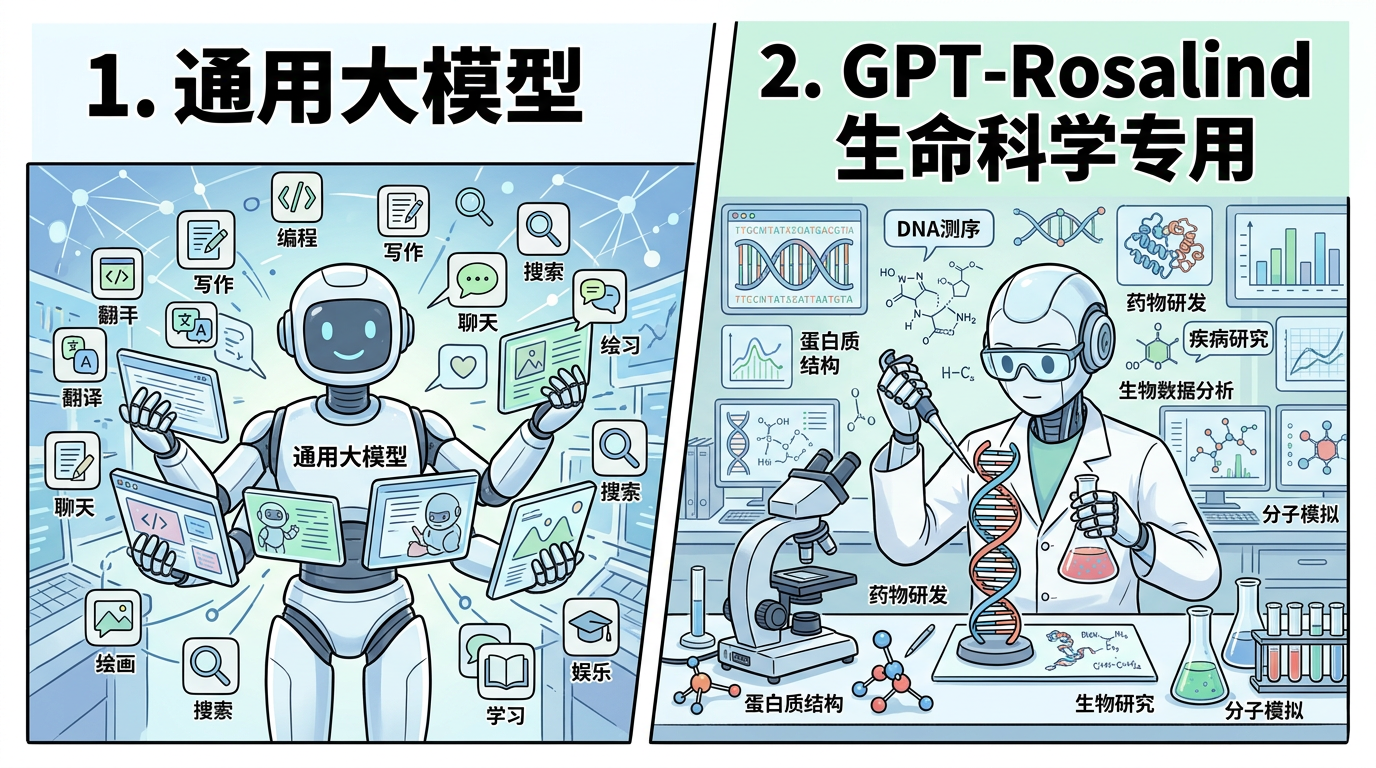 科普示意：通用大模型与生命科学专用定位（条漫风格，非官方）