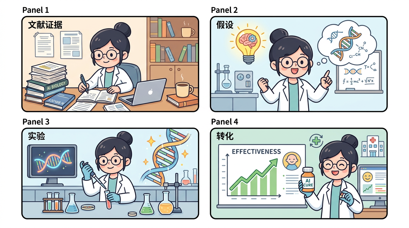 科普示意：生命科学研究从文献到实验与转化的逻辑链（条漫风格，非官方）