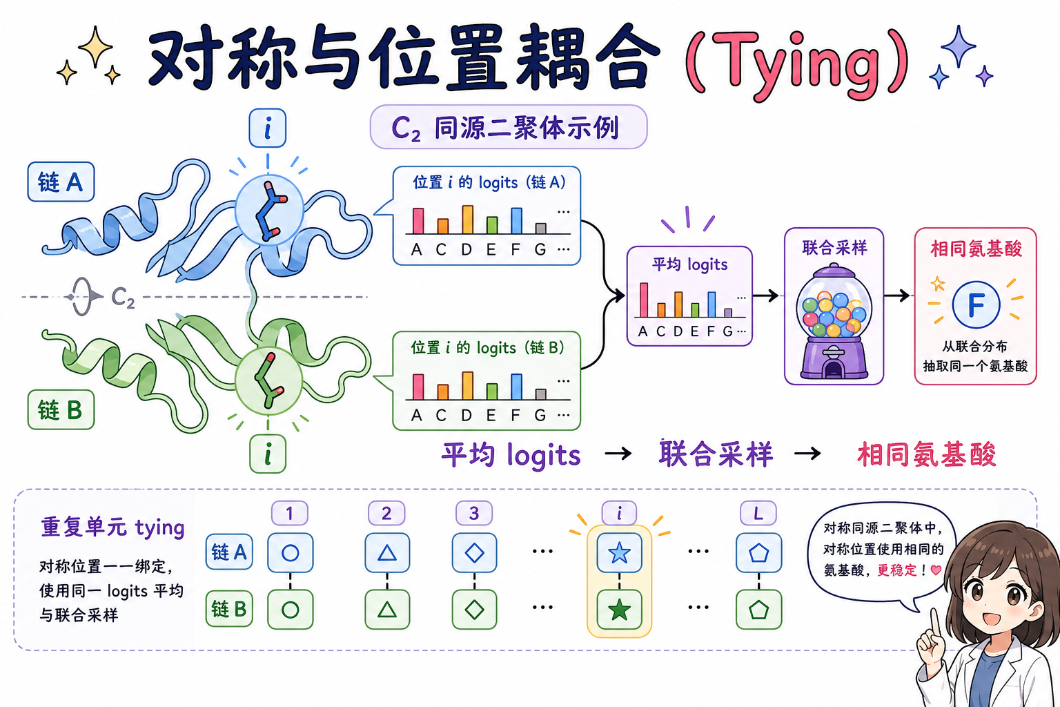同源二聚体对称位点 tying：平均 logits 后联合采样（科普动漫风示意图，非论文原图）