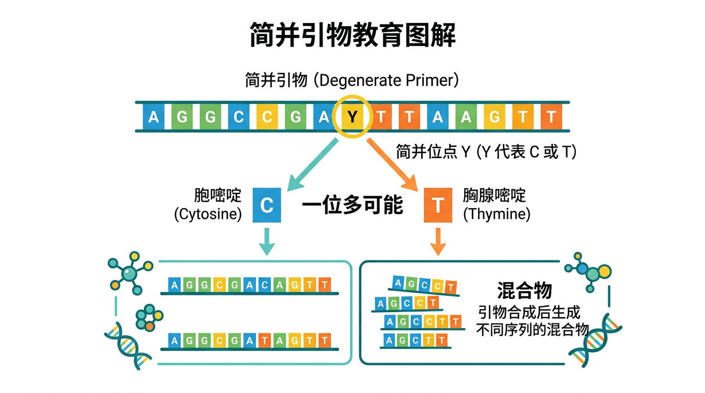 简并引物:简并位点可对应多种碱基,合成物常为混合物