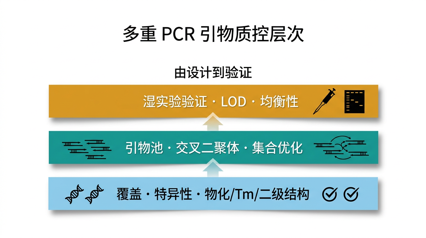 多重 PCR 引物质控层次：从 in silico 设计到湿实验验证（示意）