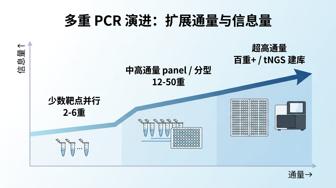 多重 PCR 演进：通量与信息量双维扩展（示意）