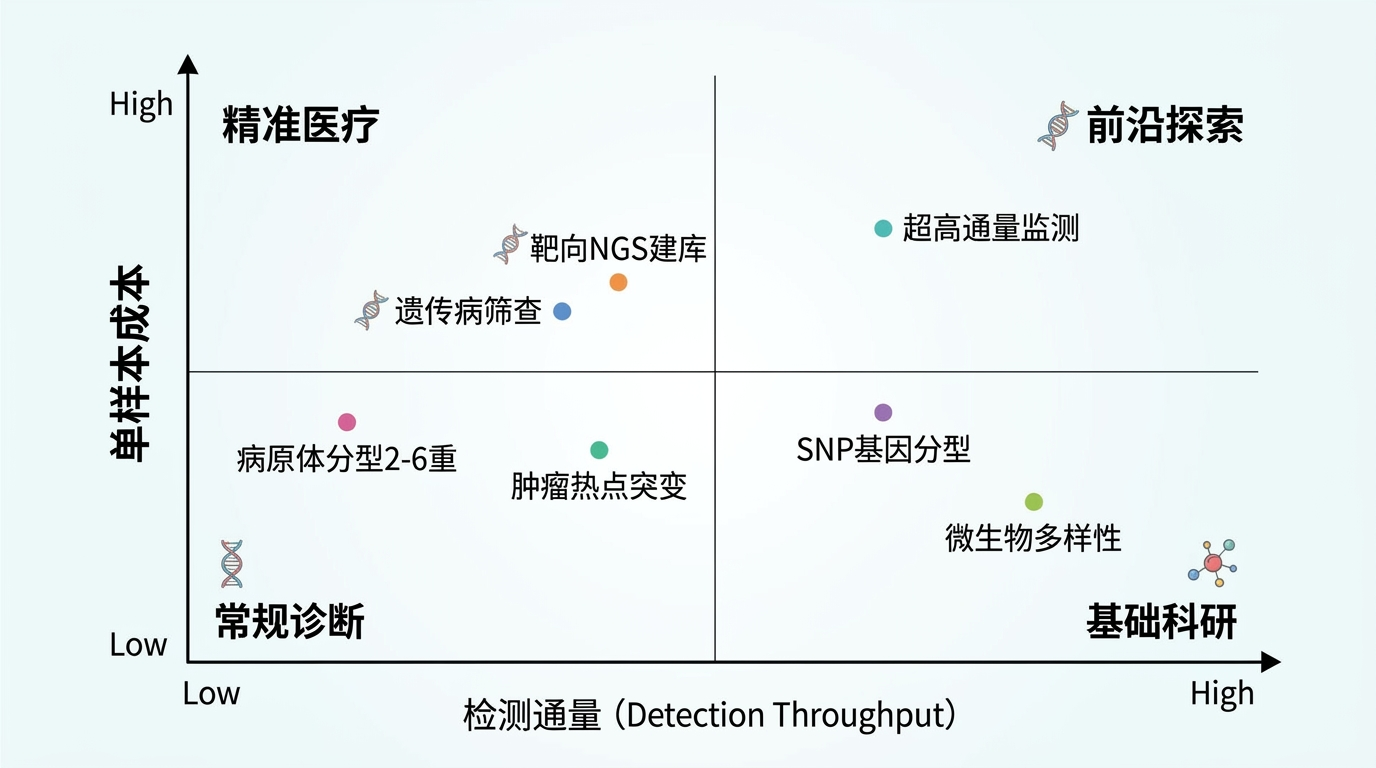多重 PCR 应用：通量—成本象限示意（逻辑图）