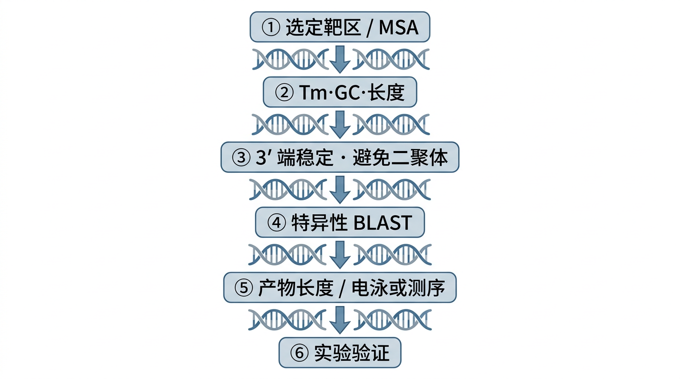 从靶区选择到实验验证的引物设计决策流程（示意）