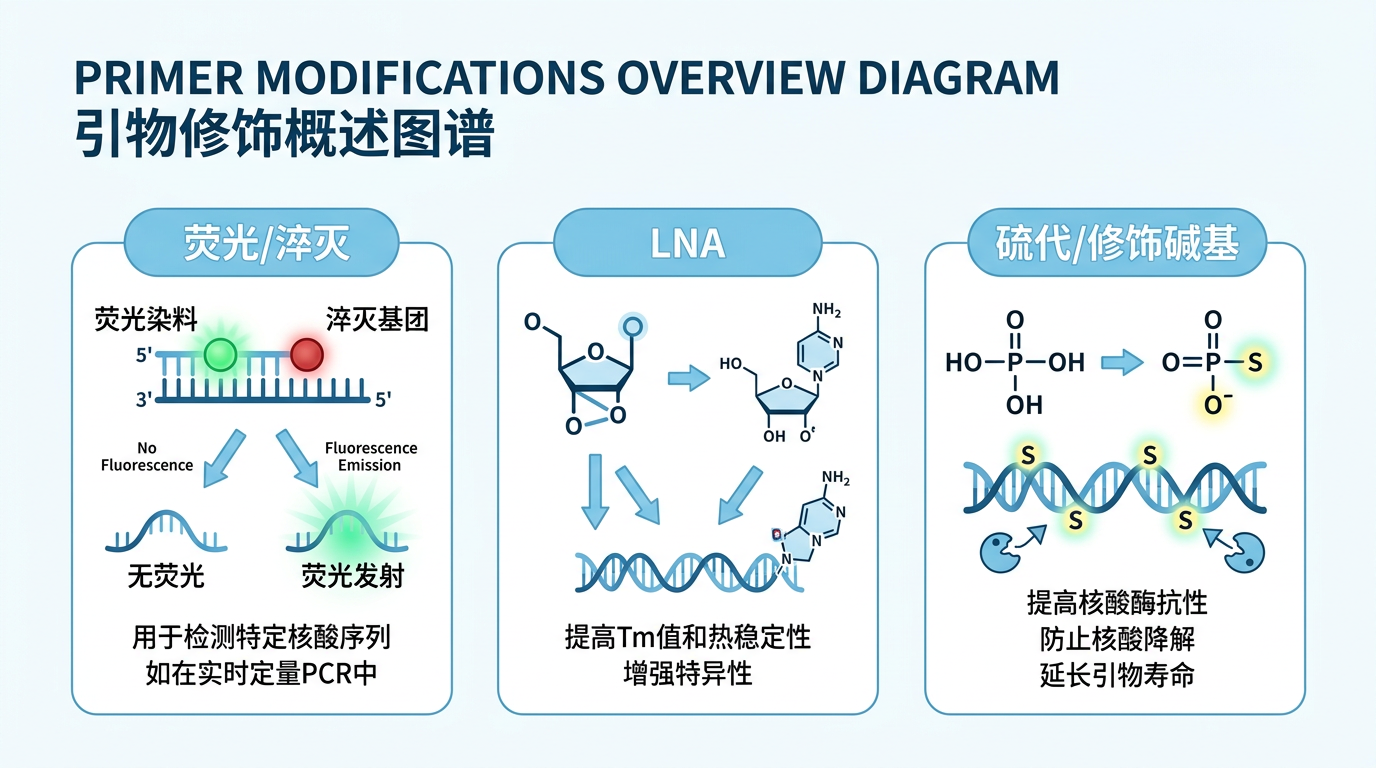 荧光/淬灭、LNA、硫代等常见修饰类型(提要示意)
