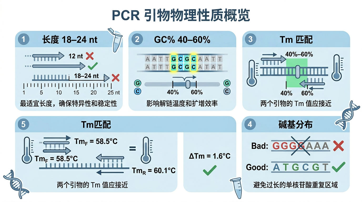 长度、GC%、Tm 匹配与碱基分布等物化约束(示意)
