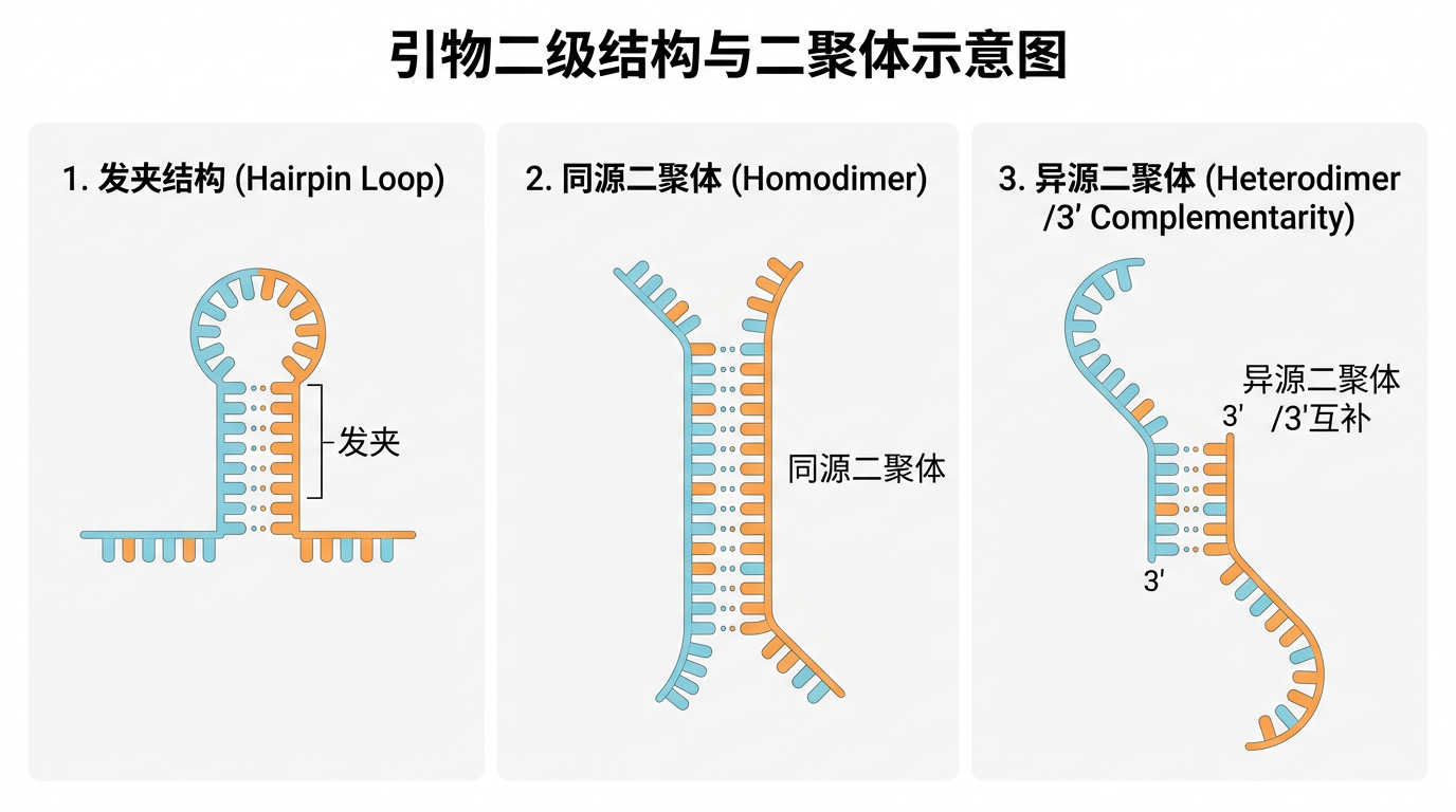 发夹、同源二聚体与异源二聚体(3′ 互补)(示意)