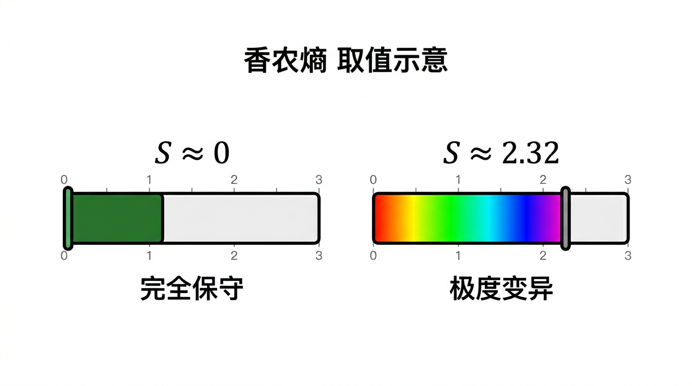 香农熵量级示意：近 0 为保守，约 2.32 为五符号均匀分布