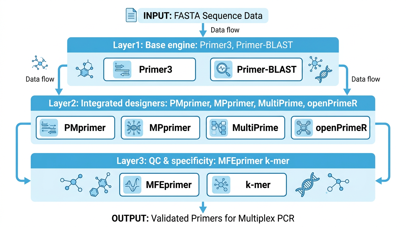 传统栈:Primer3/BLAST 基础层、综合设计工具与 MFEprimer 等质检(示意;图中为英文标注)
