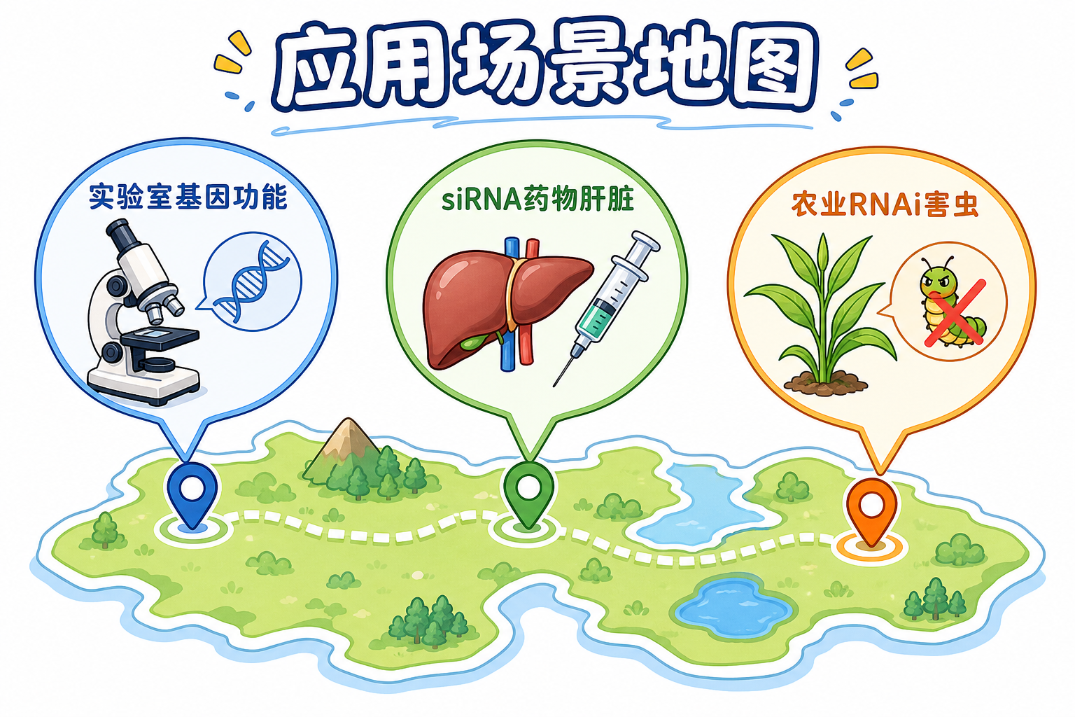 实验室功能研究、药物开发与农业 RNAi 的场景地图(科普示意,非论文原图)|697