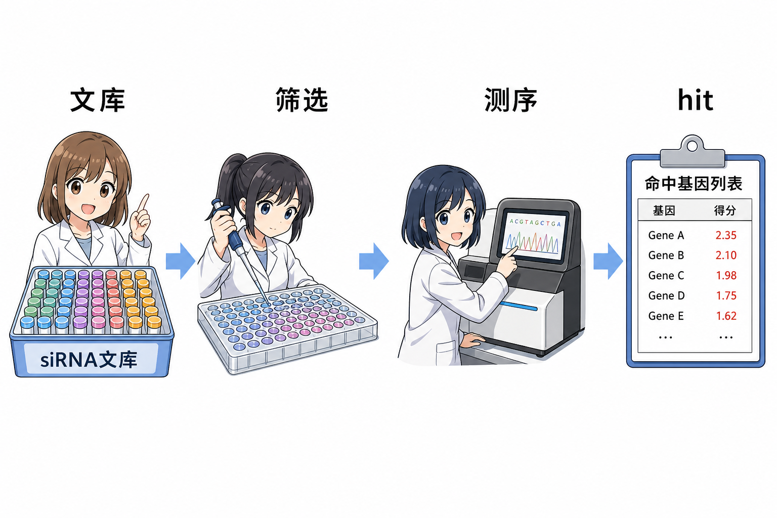 文库 → 表型或读出 → NGS 计数与 hit 定义(科普示意,非论文原图)