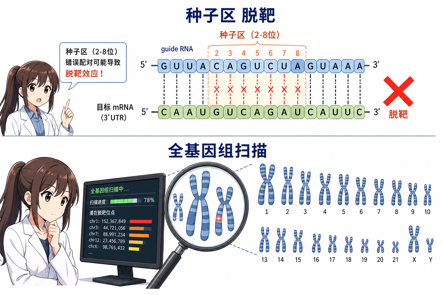 种子区与 off-target 误配、全基因组扫描逻辑（科普示意，非论文原图）