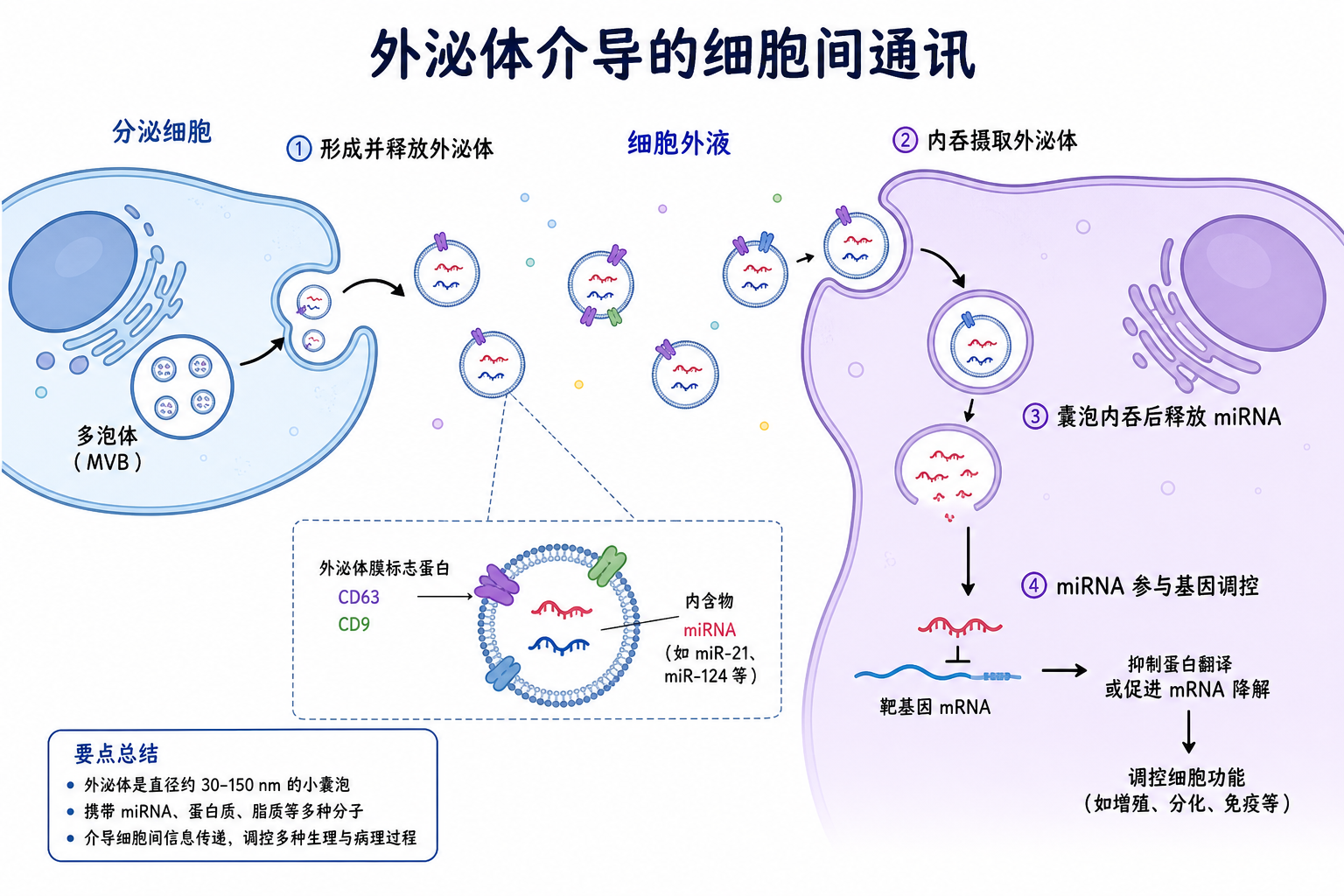 图 1 外泌体携带 miRNA 的细胞间通讯示意