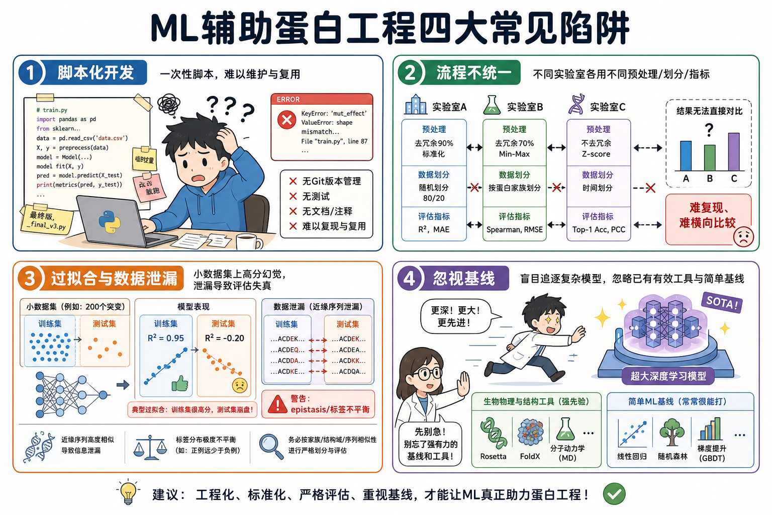 图 2　ML 辅助蛋白工程四大常见陷阱（据 §2.1 整理；科普示意）