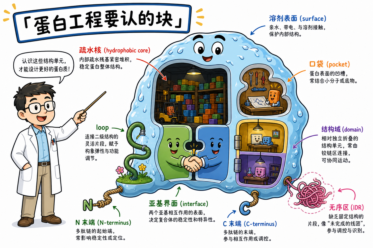 图 1　工程要认的是可动手的块：核、表面、口袋、界面、loop、结构域、末端与无序区