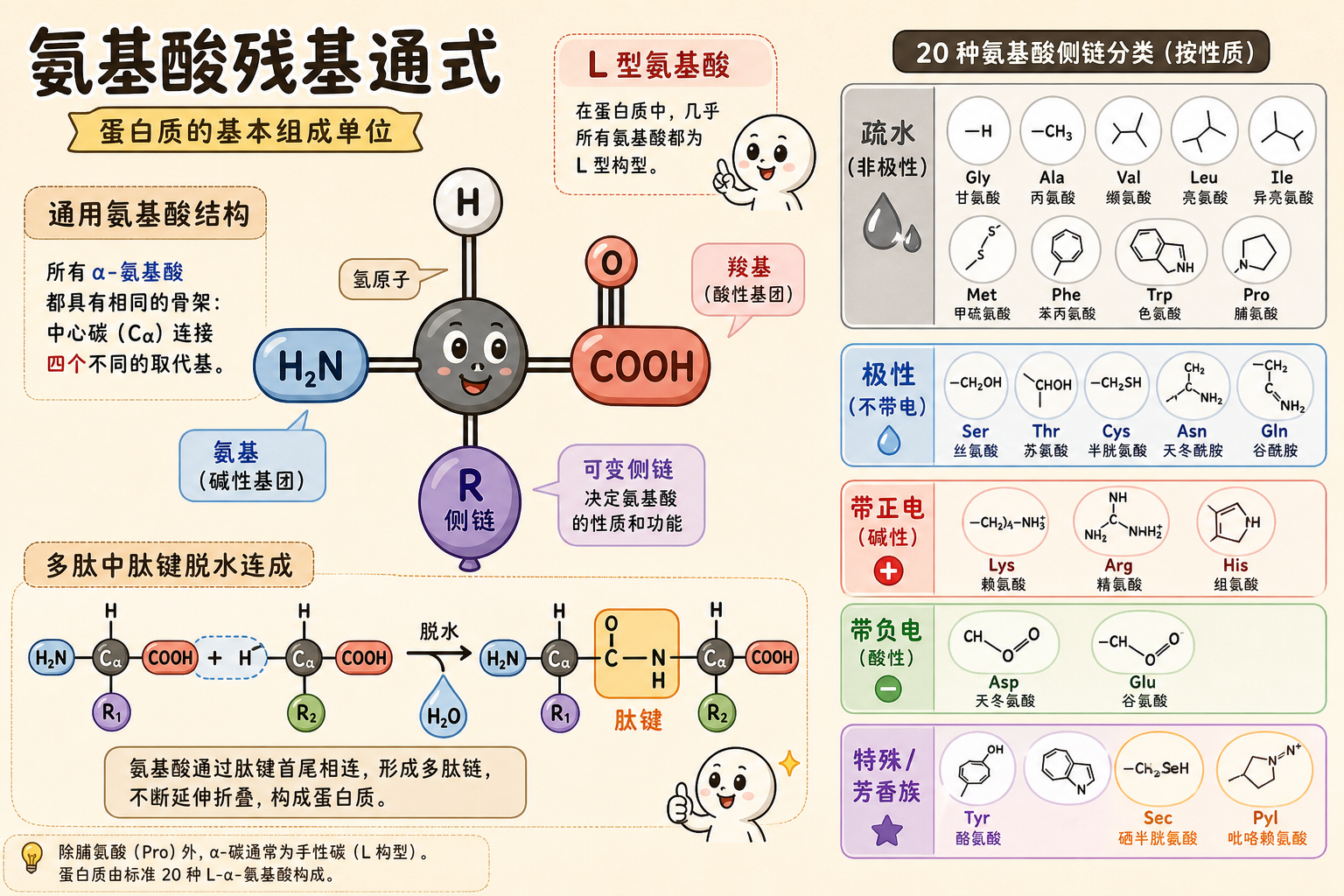 图 1 氨基酸通式与侧链决定性质