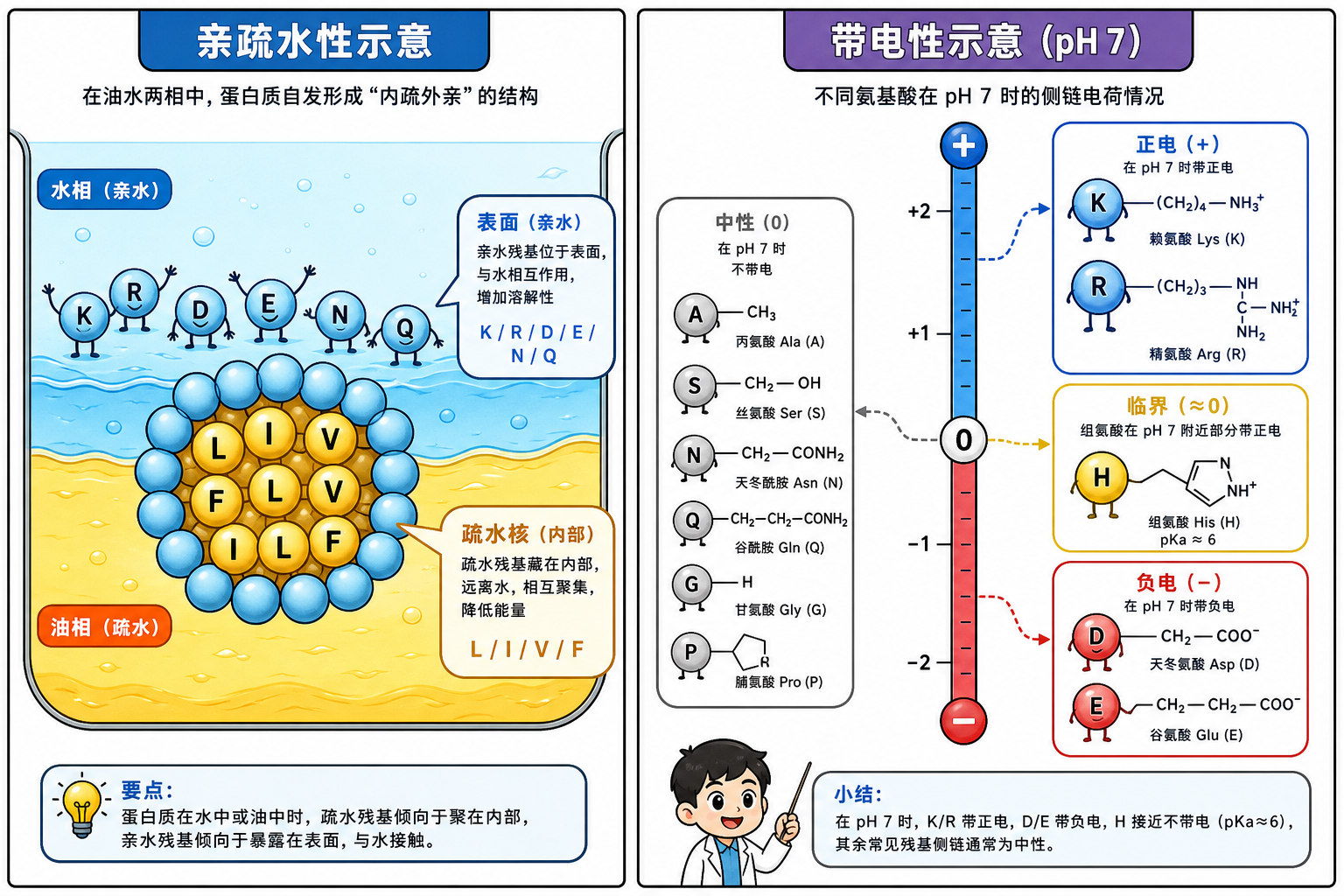 图 3 亲疏水分层与生理 pH 电荷示意