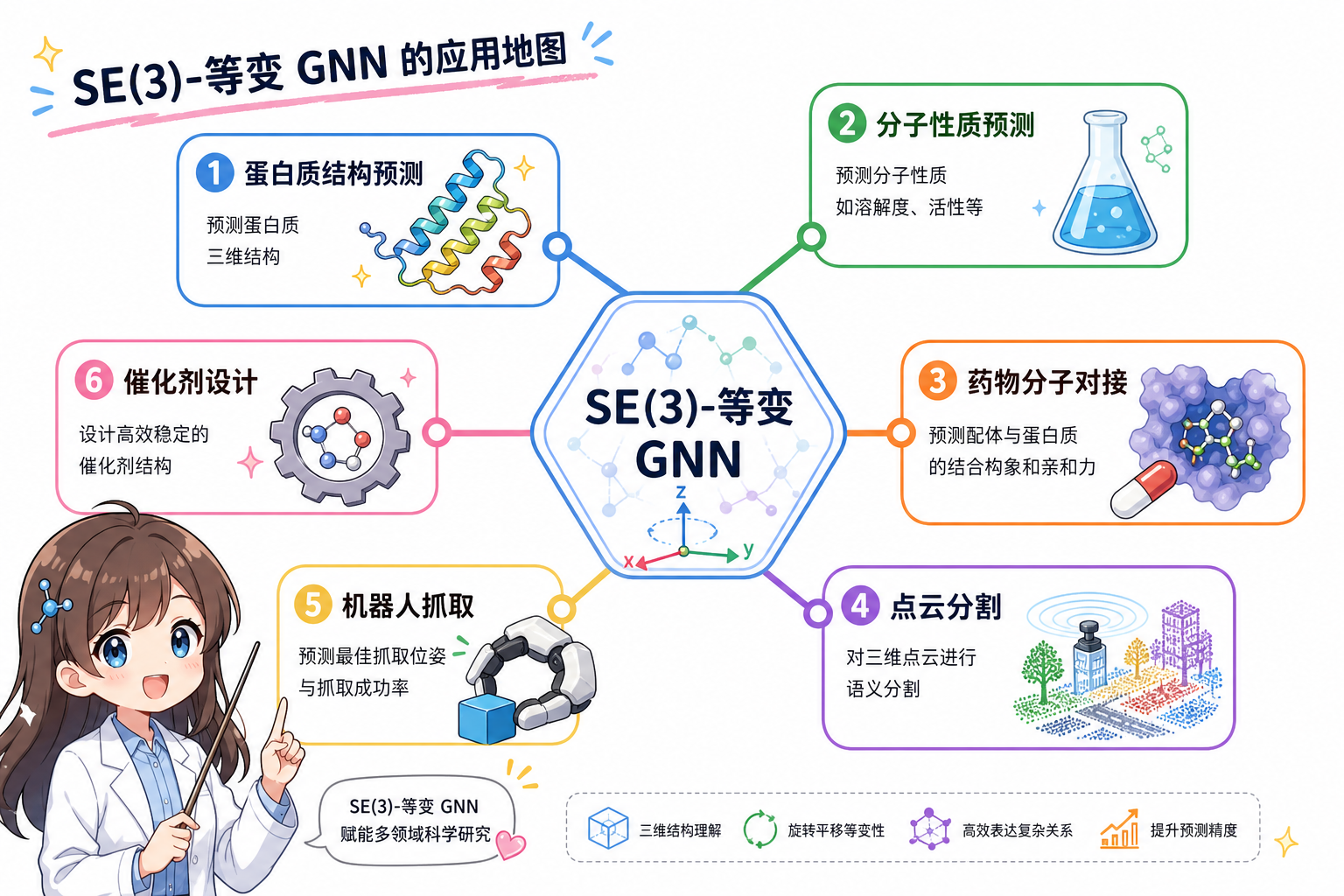 SE(3)-等变 GNN 应用场景：蛋白质、分子性质、对接、点云、机器人、催化等