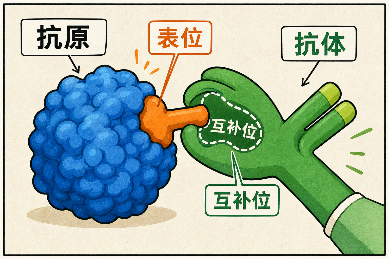 图 1 抗原–表位–抗体–互补位四要素(科普示意)