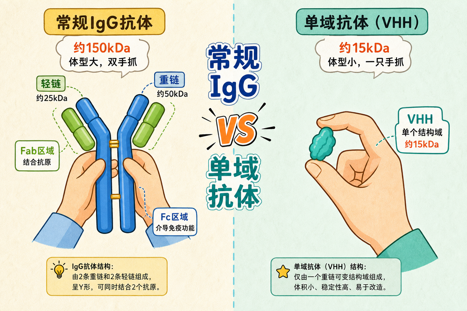 图 6 常规 IgG(双手)vs 单域抗体 VHH(单手)(科普示意)