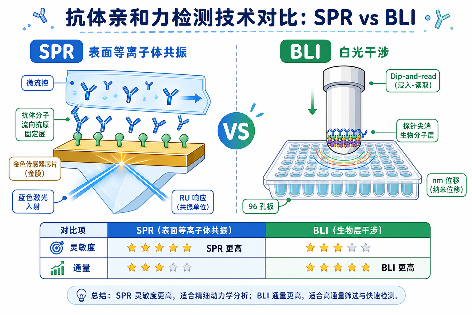 图 1　SPR 与 BLI 原理对比（科普示意）