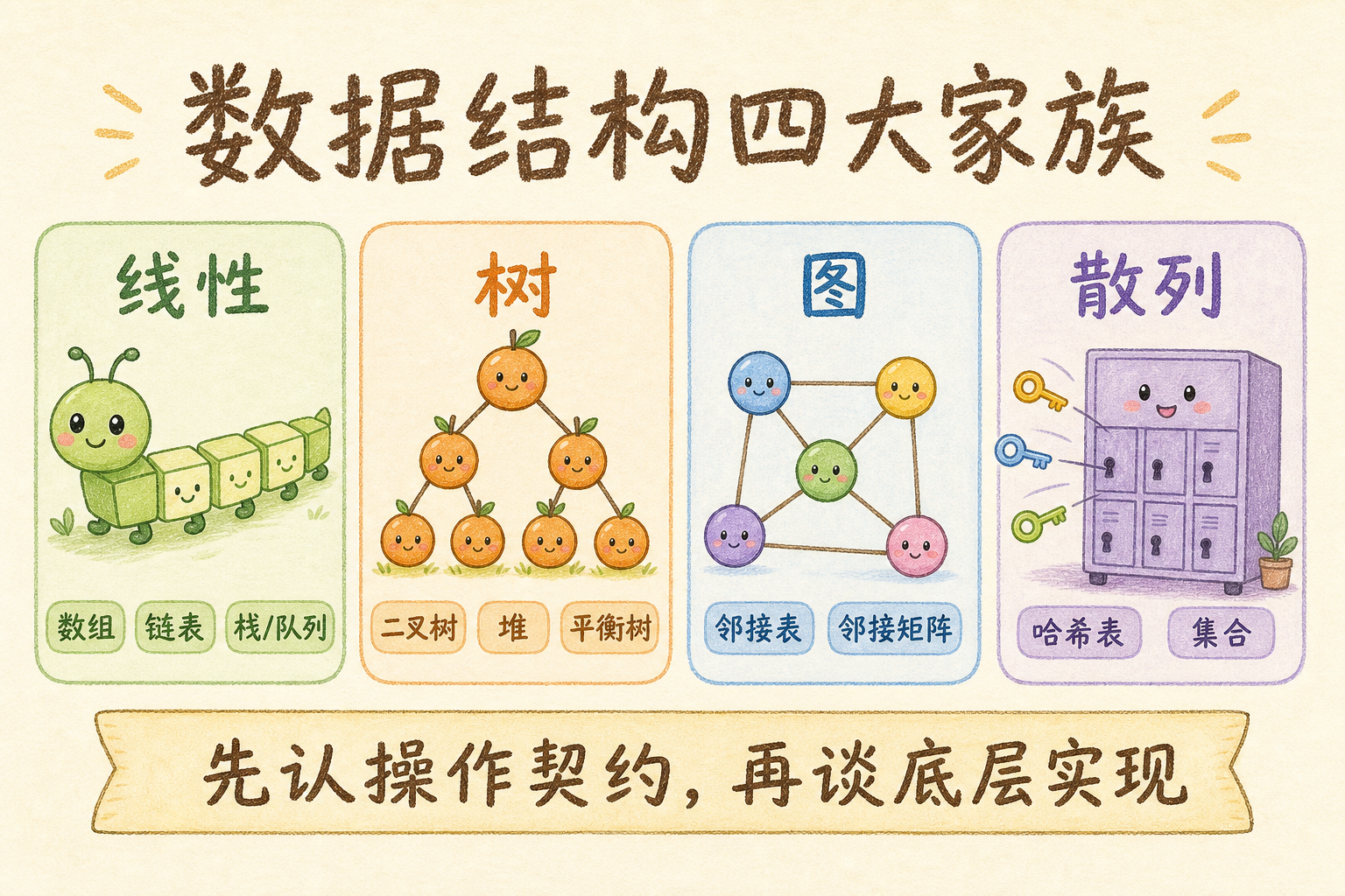 图 1　数据结构四大家族：线性 / 树 / 图 / 散列