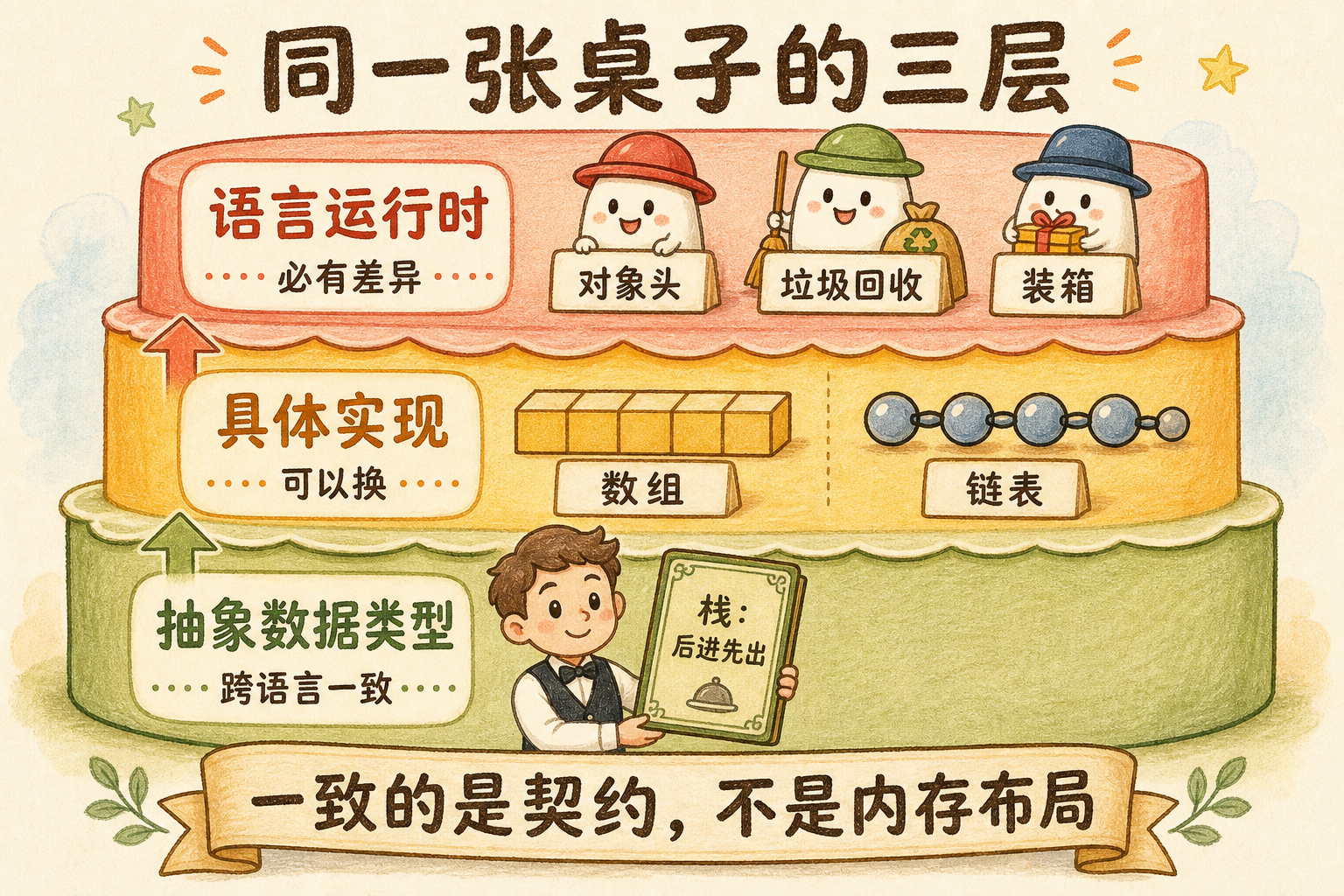 图 2　同一张「桌子」三层：契约一致，布局不同