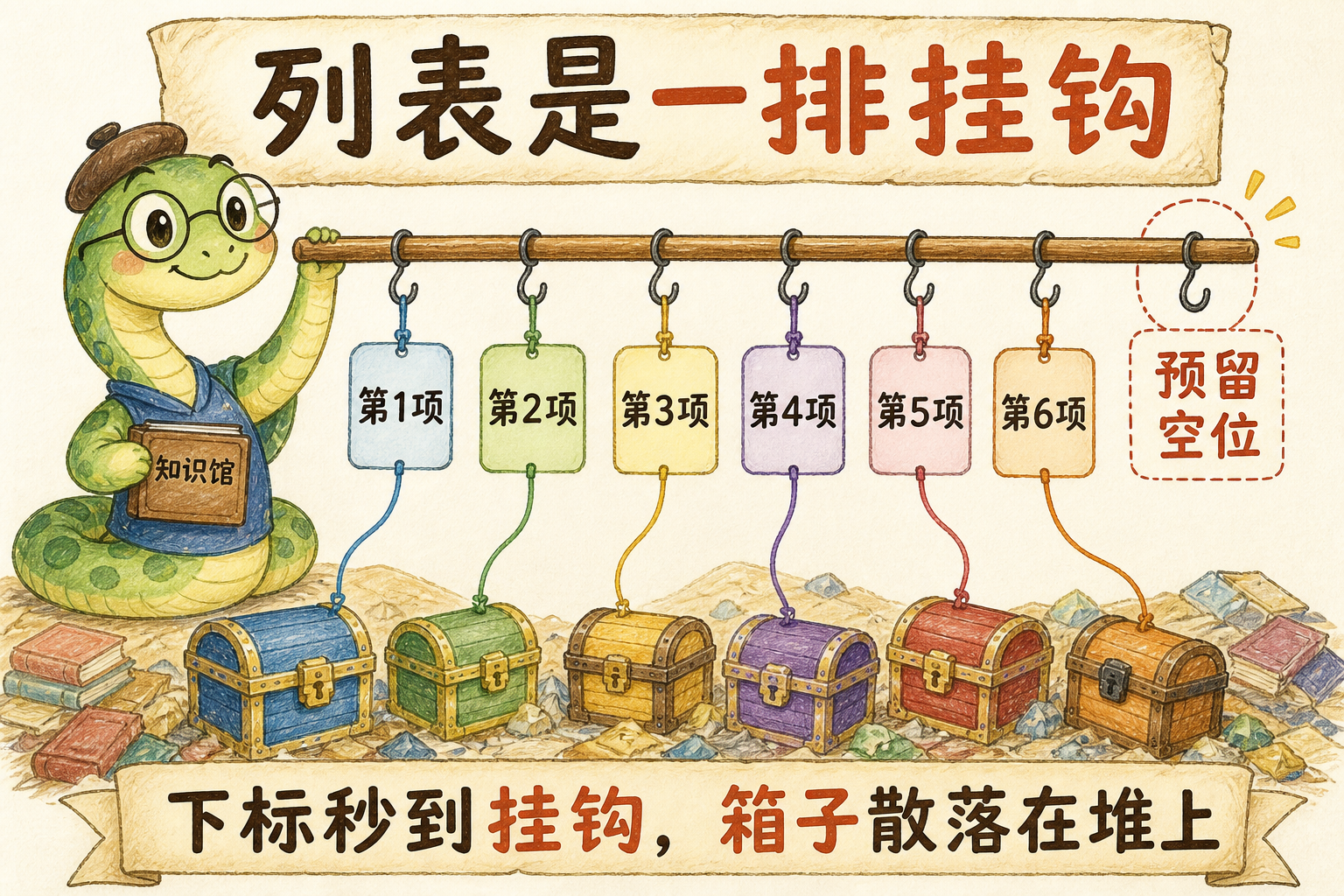 图 1　list 是一排挂钩：下标命中指针，对象在堆上