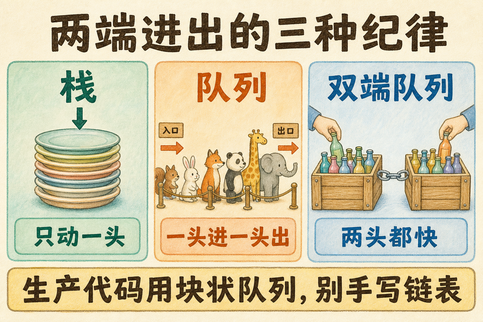 图 1 三种纪律:栈只动一头、队列一头进一头出、deque 两头都快