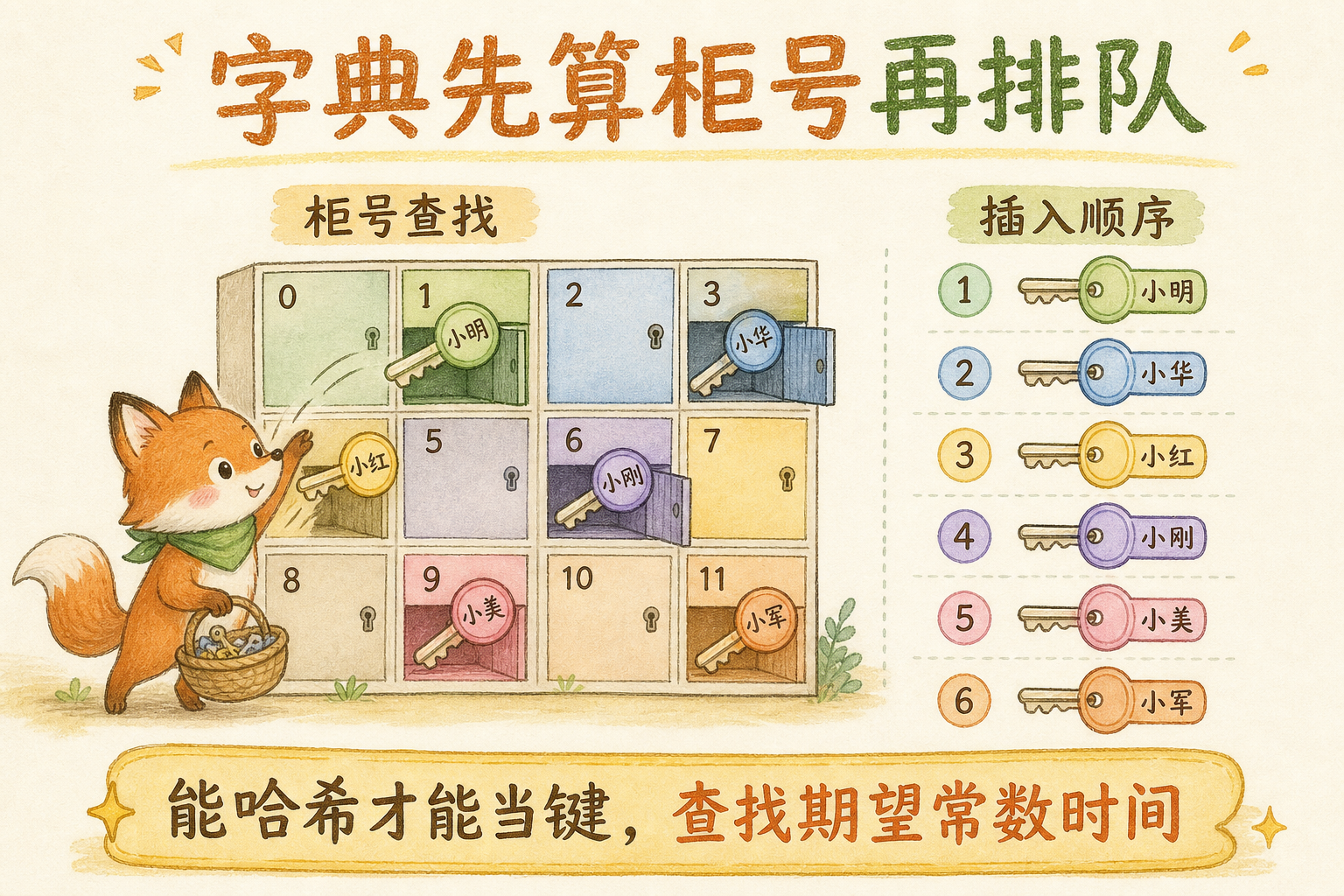 图 1　先算柜号（散列），再沿插入顺序排队（紧凑表）