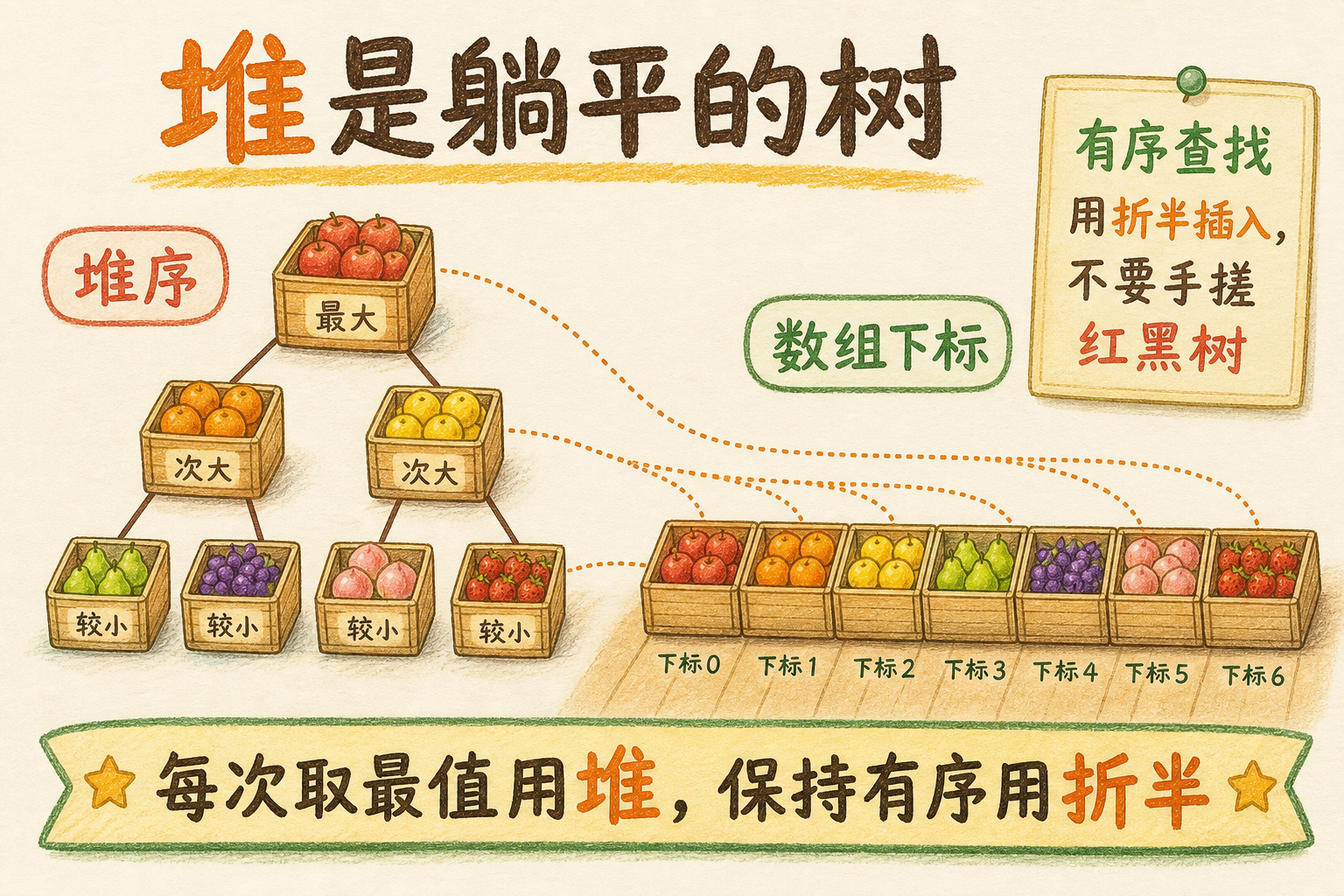 图 1 堆是躺平在数组上的树;有序查找优先折半,不要手搓红黑树