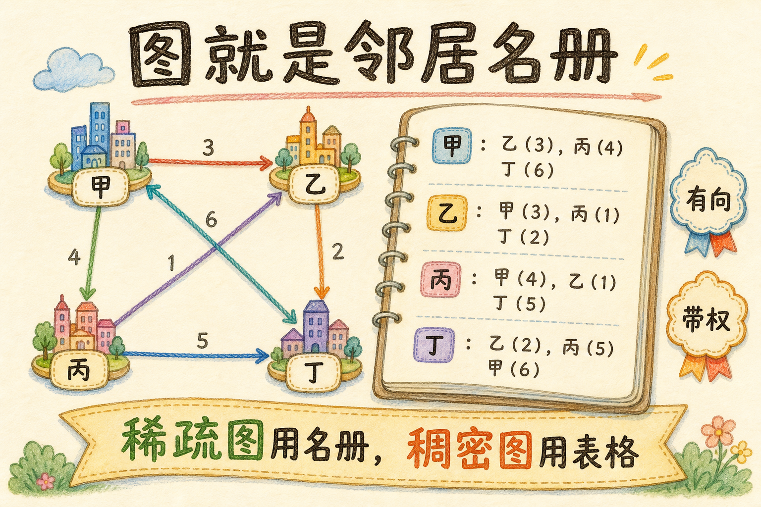 图 1　稀疏图用邻居名册（dict→list），稠密图用表格