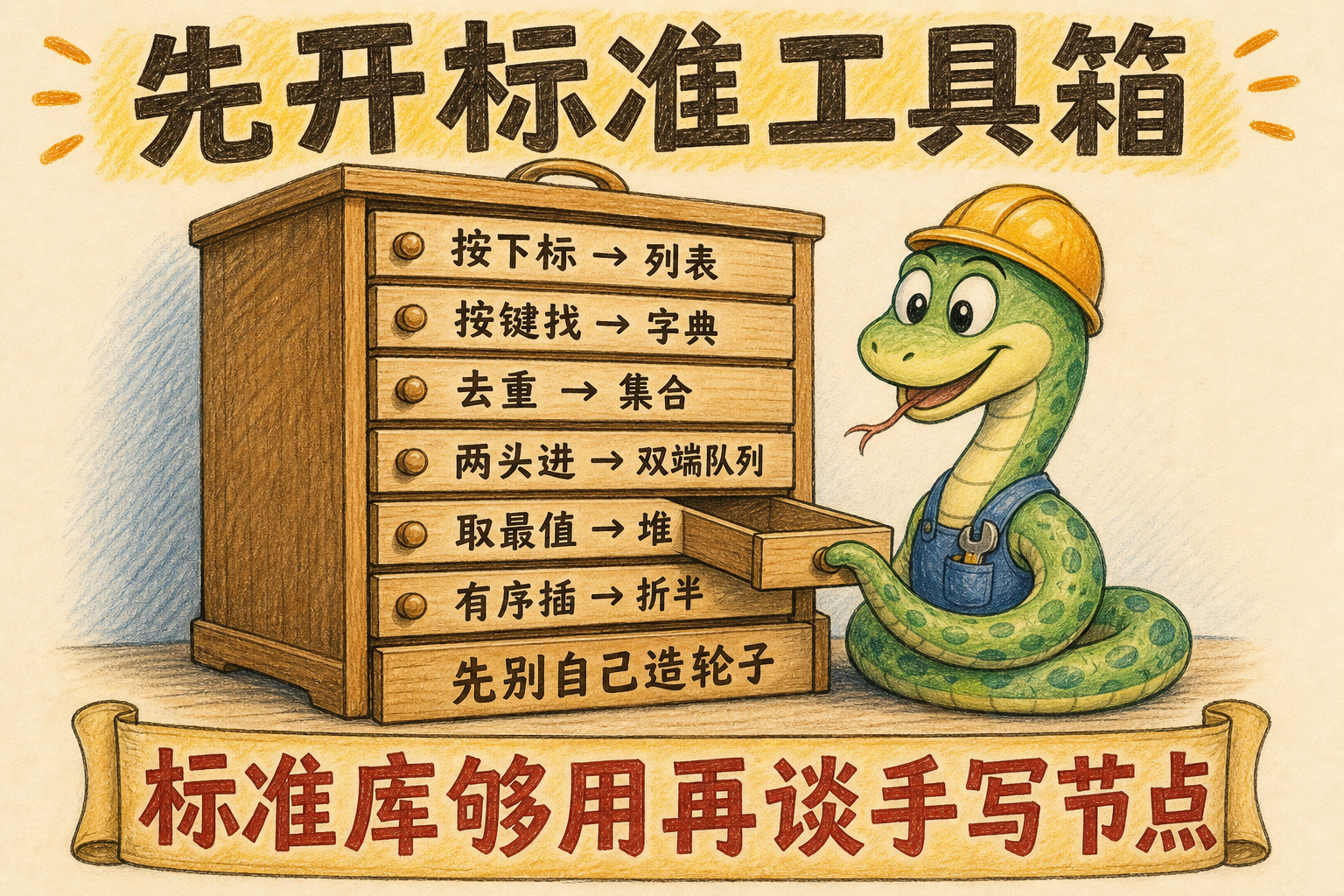 图 1　先开标准工具箱：列表 / 字典 / 集合 / 双端队列 / 堆 / 折半