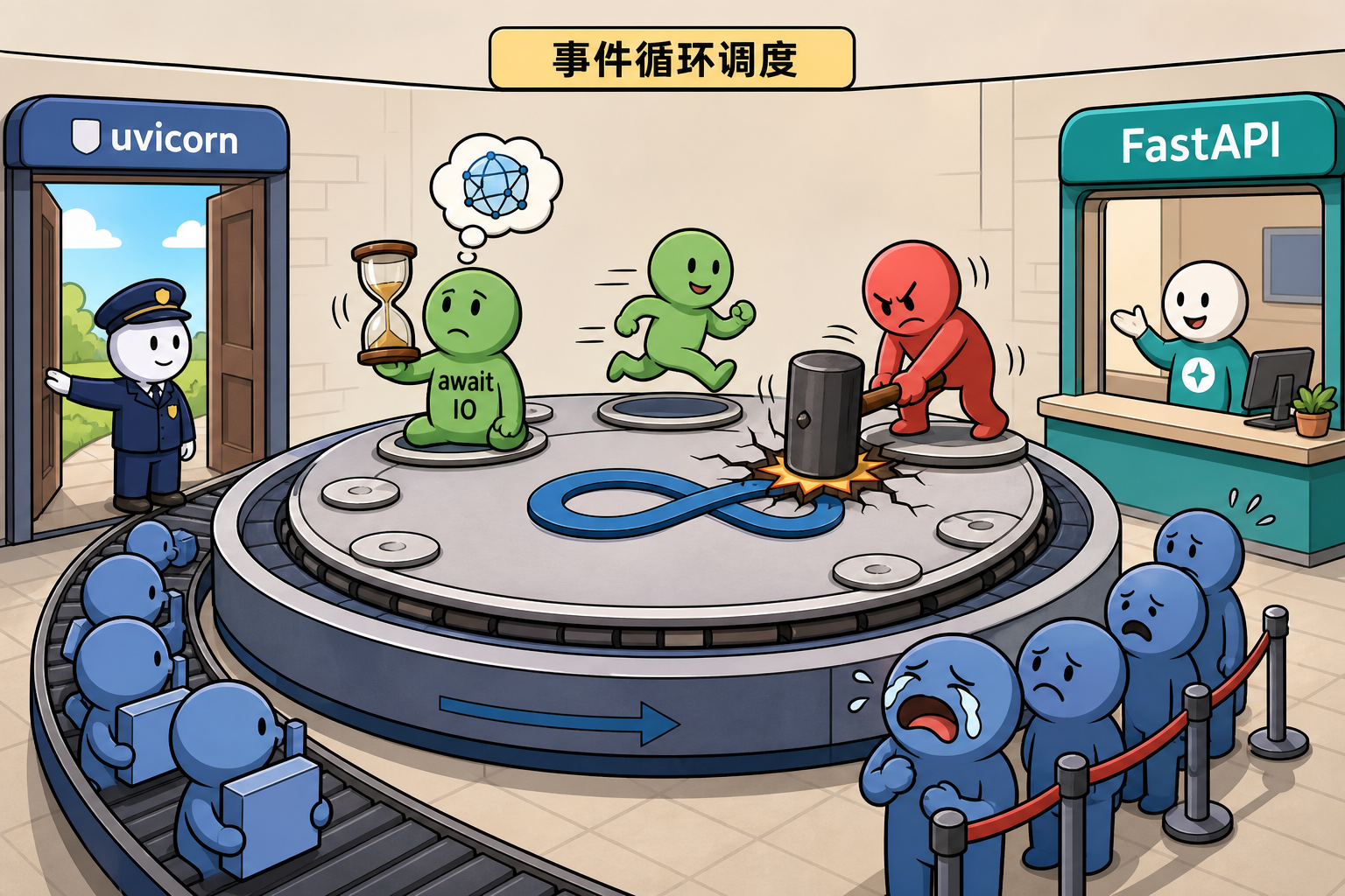 图 A 事件循环:协程让出 vs 同步阻塞卡住