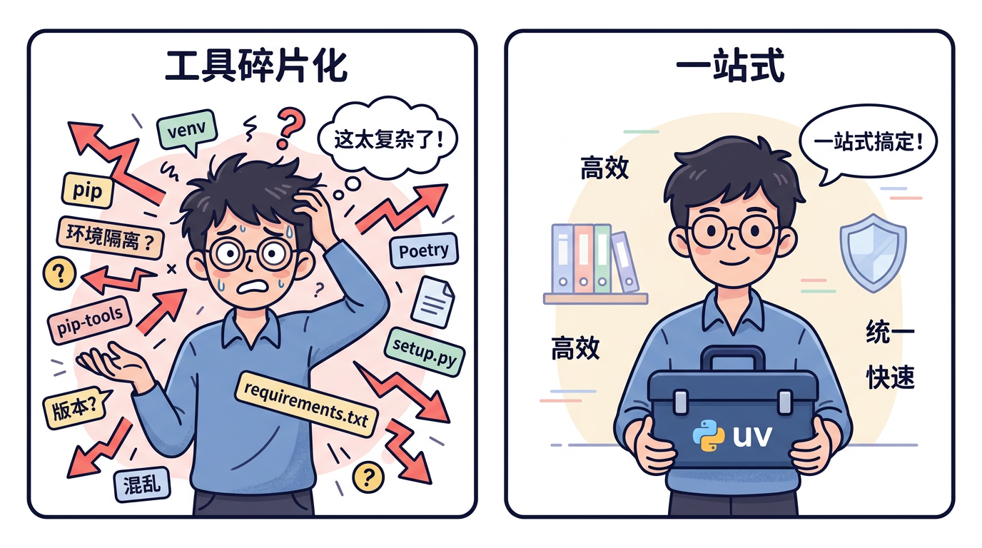 图 1　工具链碎片化 vs 一站式：左为多种工具并存的心智负担示意，右为单一入口的简化示意