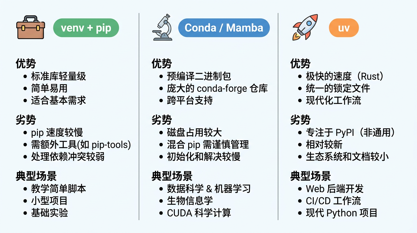 图 4　venv、Conda/Mamba、uv：优劣势与使用场景对照（科普示意，非产品截图）