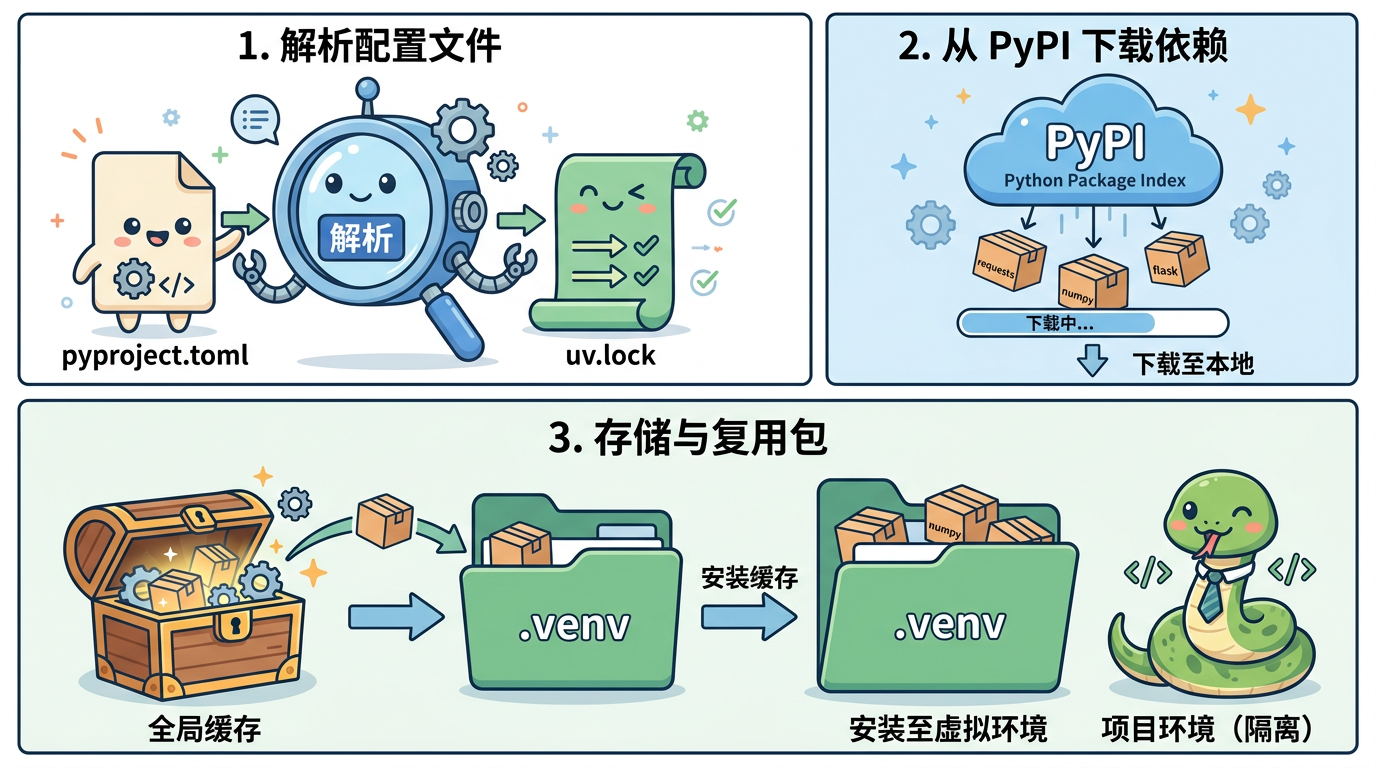 图 A　依赖闭环（科普漫画示意）：声明 → 解析与锁文件 → 安装与 .venv；索引与缓存参与