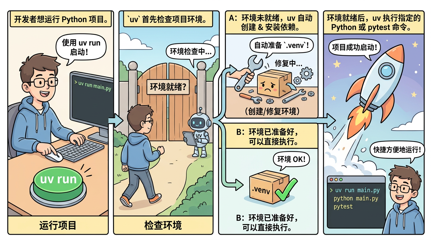 图 B　uv run 执行链（科普漫画示意）：项目根与配置 → 环境是否就绪 → 子进程执行