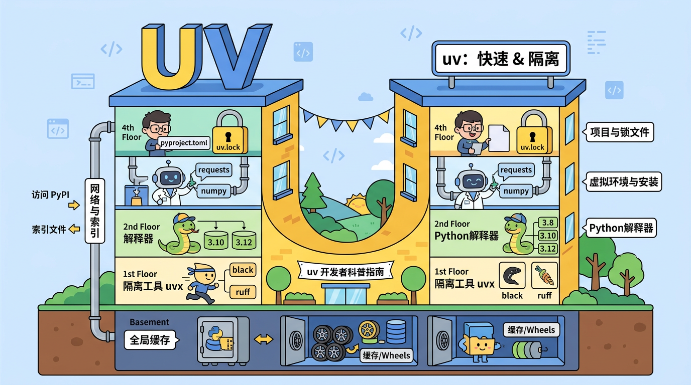 图 C　单入口 uv 的能力分层（科普漫画示意）：各子命令对应能力块，共享缓存与网络