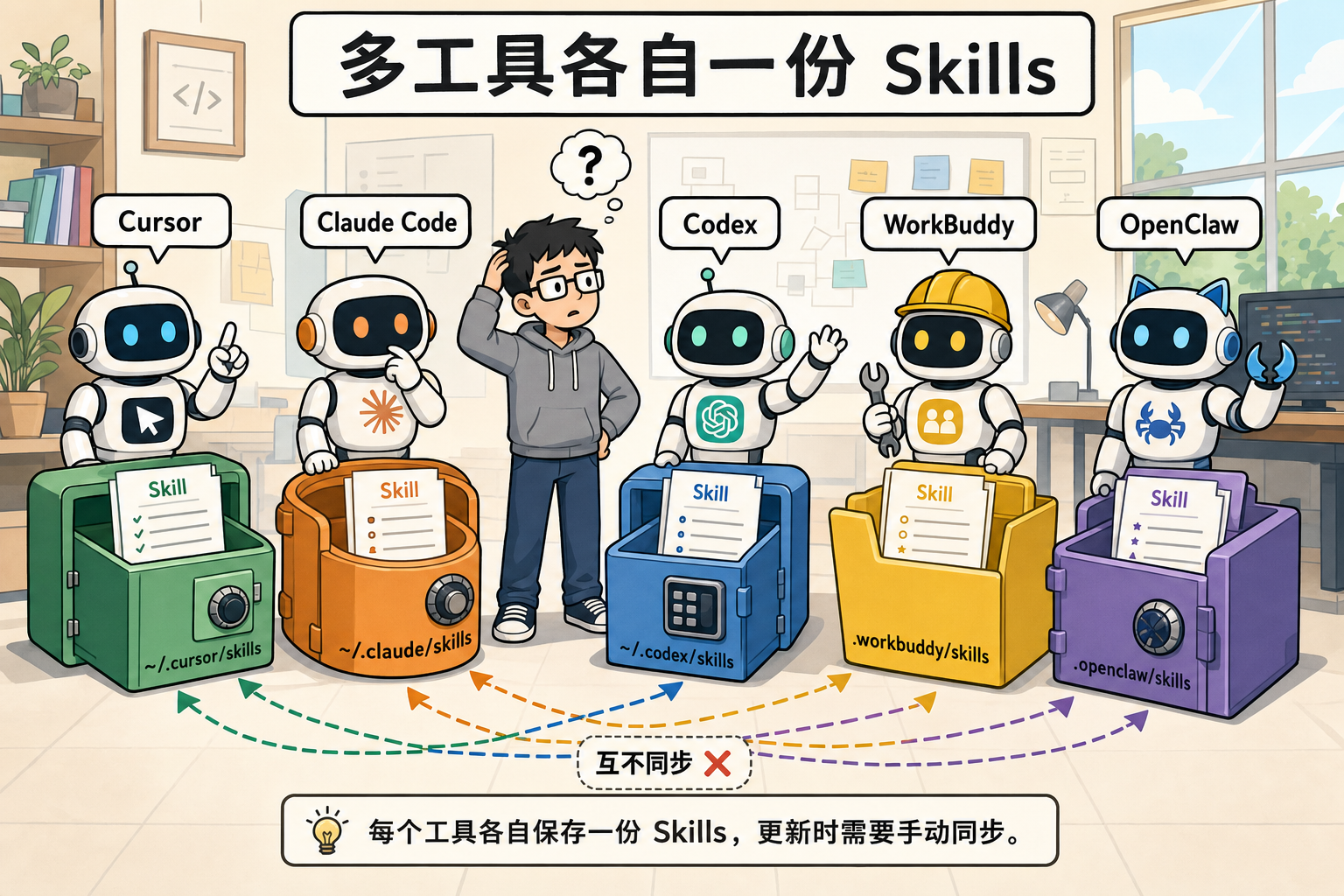 多工具各自缓存 Skills,副本互相不同步
