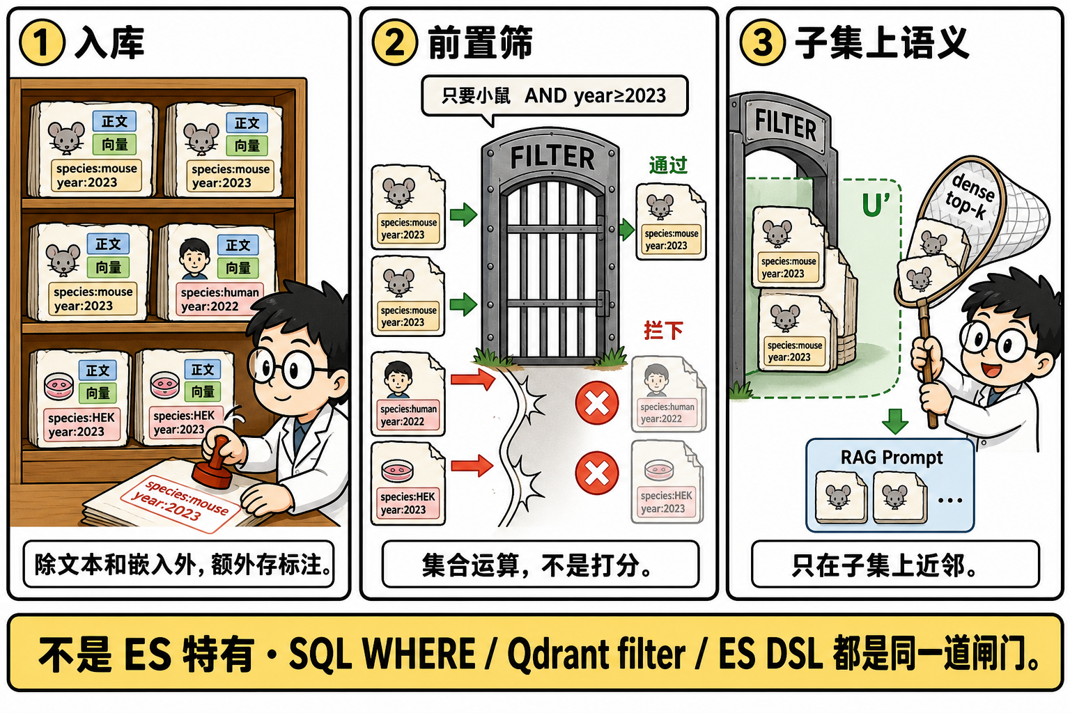 图 1 入库时正文/向量/标注一起落库;FILTER 闸门做集合运算;只在子集 $U'$ 上 dense