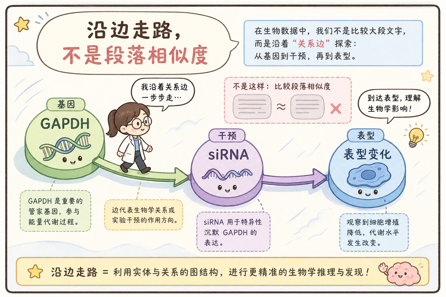 图 1 沿 GAPDH→siRNA→表型走边,而不是比较两段散文是否相似