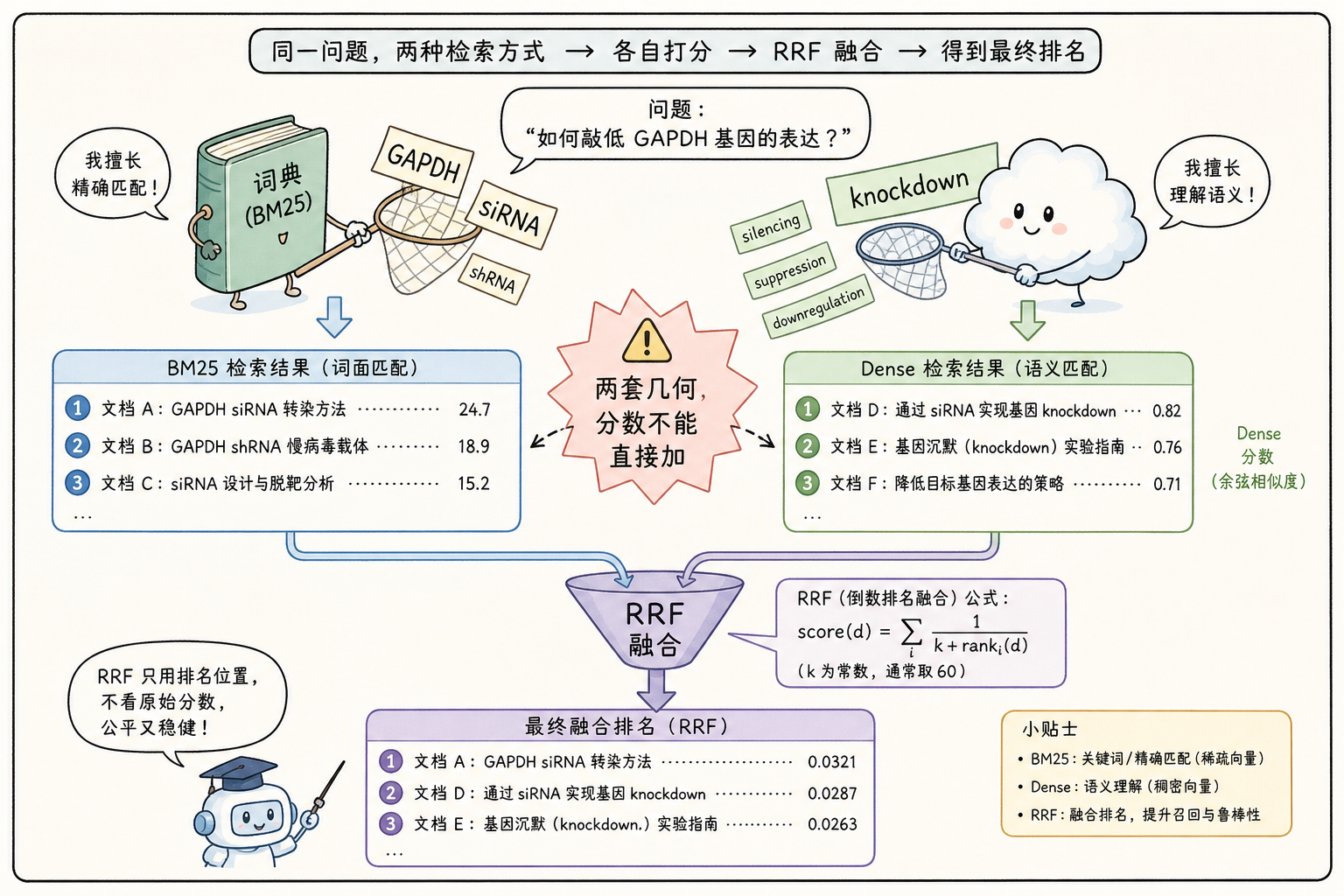 图 1 词项网接住 GAPDH/siRNA,语义网接住改写;RRF 漏斗合并,原始分不能加