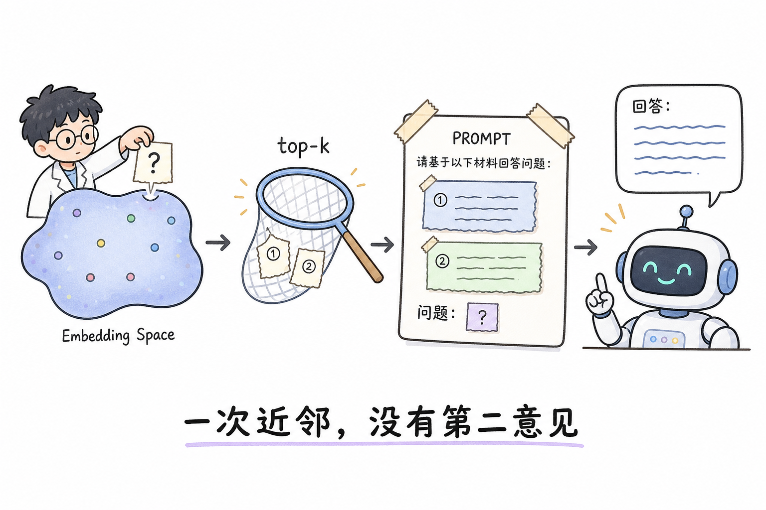 图 1 一嵌一检一拼:近邻网捞到的块直接进 prompt,没有改写或精排