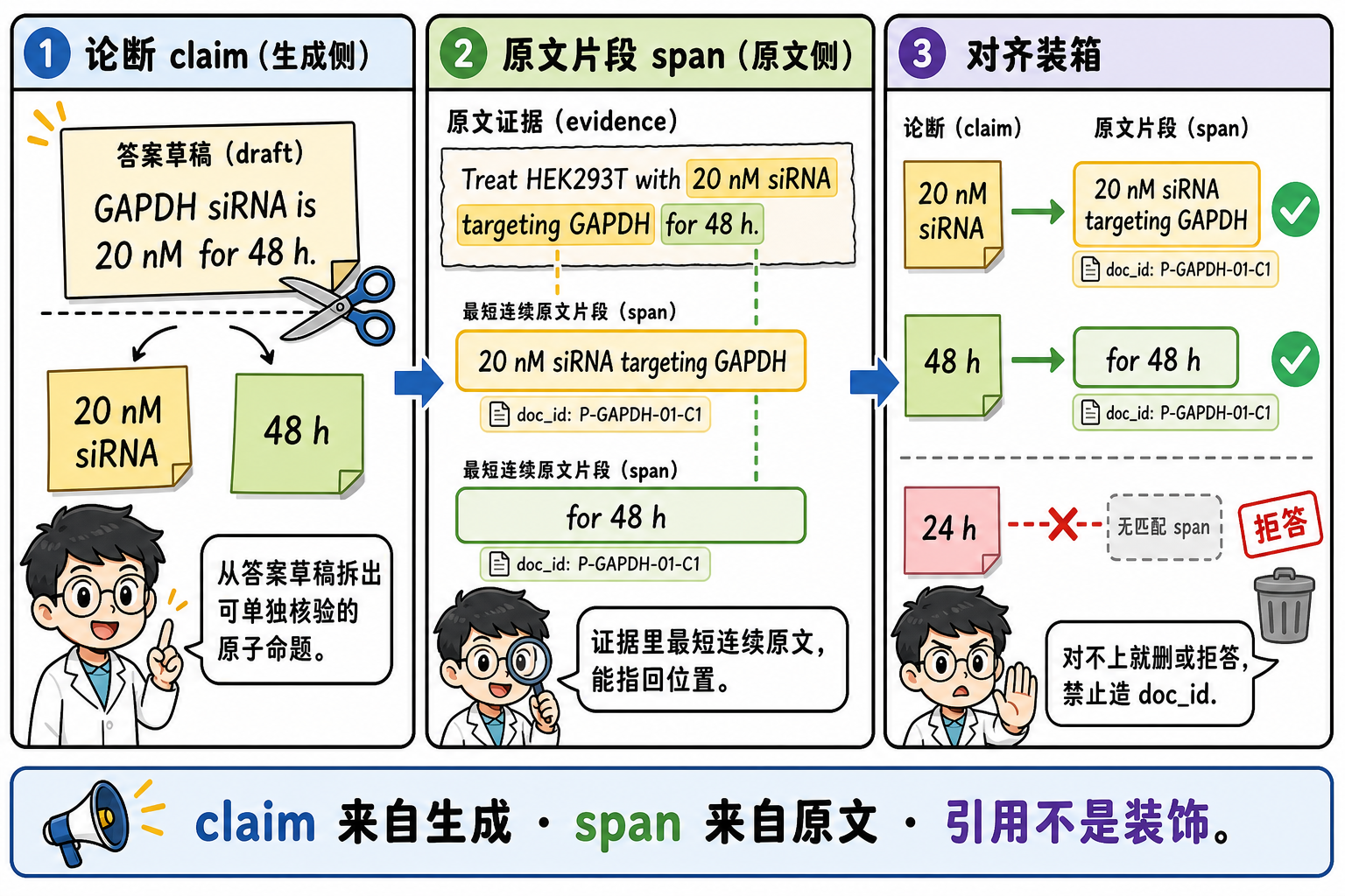 图 1 claim 从草稿拆出,span 从原文圈出;对不上的 claim 丢弃,禁止造引用